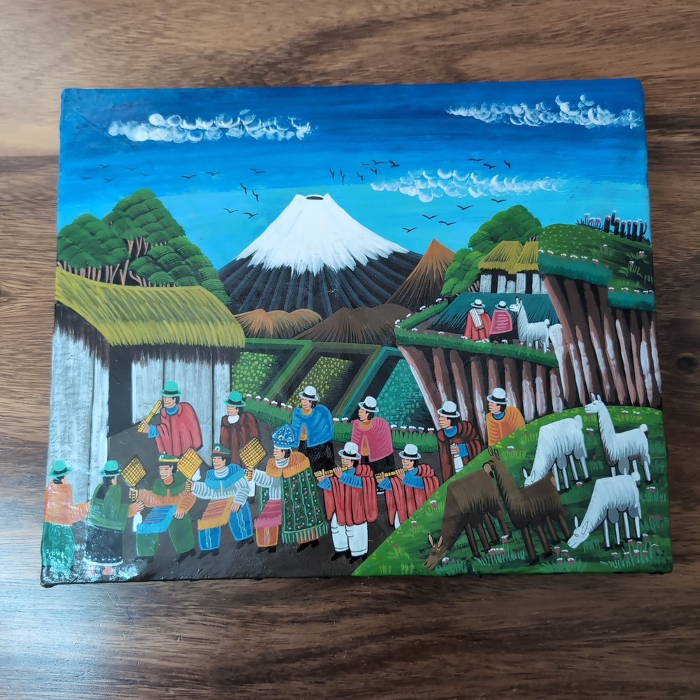 Pedro Vega Tigua Folk Art Sheepskin Painting Cotopaxi Ecuador 2011 Village Scene